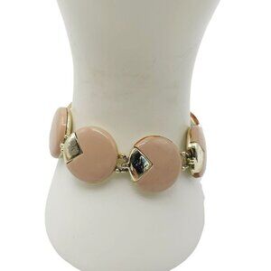 Round Disc Beige Thermoset Link Bangle Bracelet Gold Tone Vintage